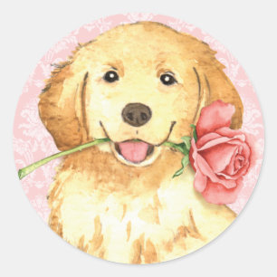 Sticker Rond Valentine Rose Golden Retriever