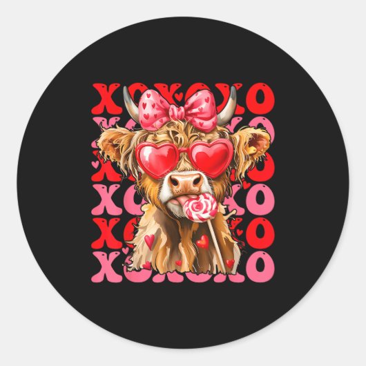 Sticker Rond Valentine Xoxo Highland Cow Cute Coquette Bow West (Devant)