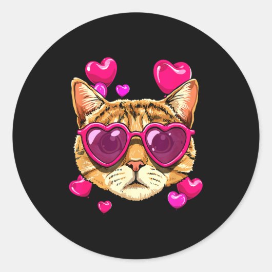 Sticker Rond Valentines Ca Kitten Wearing Sungl Heart Cat Lover (Devant)