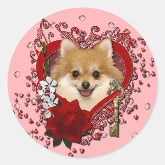 Sticker Rond Valentines - Clé de mon coeur - Poméranien (Devant)