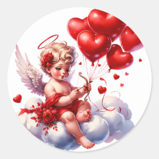 Sticker Rond Valentine's Day Cherub Heart Red White