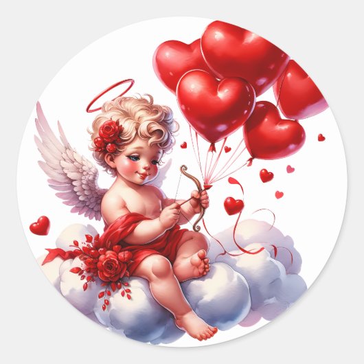 Sticker Rond Valentine's Day Cherub Heart Red White (Devant)