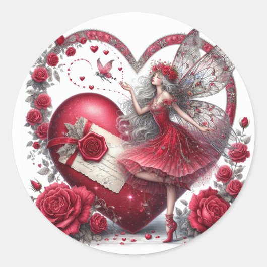 Sticker Rond Valentine's Day Fairy Heart Red White (Devant)