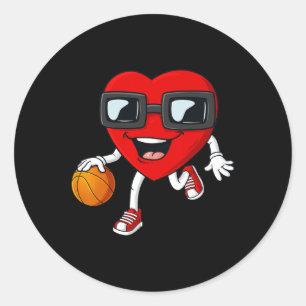 Sticker Rond Valentines Day Heart Dribbling Basketball Boys Gir