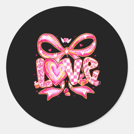 Sticker Rond Valentines Day Love Funny Coquette Bow Checkered X (Devant)