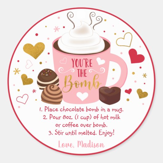 Sticker Rond Valentine's Hot Chocolate Bomb Rose Gold Heart (Devant)