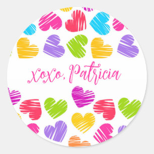 Sticker Rond Valentines Jour Moderne Coeurs Vibrants Nom XOXO