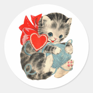 Sticker Rond Valentines vintages Jour Kitty Chat Fils Cute Retr