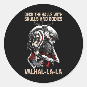 Sticker Rond Valhalla-La Deck les halls avec crânes et corps