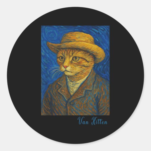 Sticker Rond Van Gogh Cat Kitten Lover Self Rtrait Style Artist (Devant)