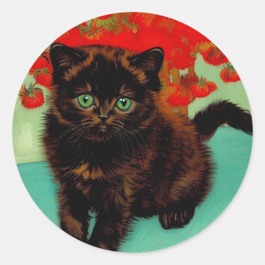 Sticker Rond Van Gogh Chat noir Fleurs rouges (Devant)