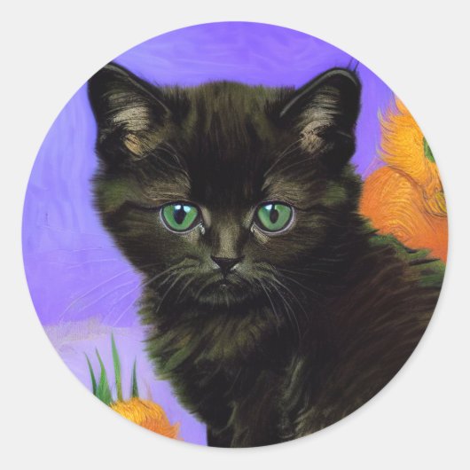 Sticker Rond Van Gogh Kitten noir avec des tournesols (Devant)
