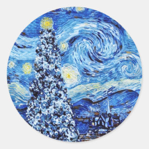 Sticker Rond Van Gogh - La Nuit étoilée - Blanc Noël T-Sh