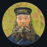 Sticker Rond Van Gogh Postman. Art de l'impressionnisme de port<br><div class="desc">Van Gogh "The Postman (Joseph Roulin)" autocollant. L'art de l'impressionnisme de portrait jaune.</div>