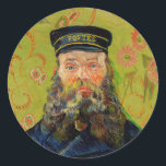 Sticker Rond Van Gogh Postman. Art de l'impressionnisme de port<br><div class="desc">Van Gogh "The Postman (Joseph Roulin)" autocollant. L'art de l'impressionnisme de portrait jaune.</div>