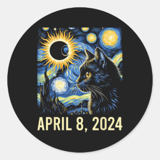 Sticker Rond Van Gogh Starry Nuit Chat Total Solaire Eclipse Ap