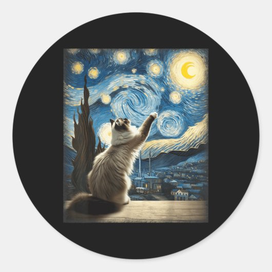 Sticker Rond Van Gogh Starry Style Nuit Art Ragdoll Chat (Devant)