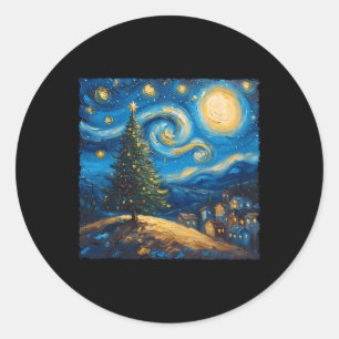 Sticker Rond Van Gogh Style La nuit étoilée Vil Arbre de Noël