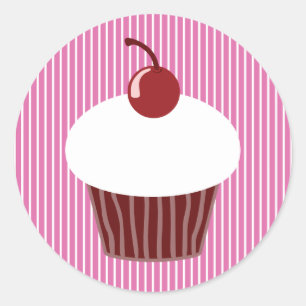 Sticker Rond Vanille Cupcake et rayures roses