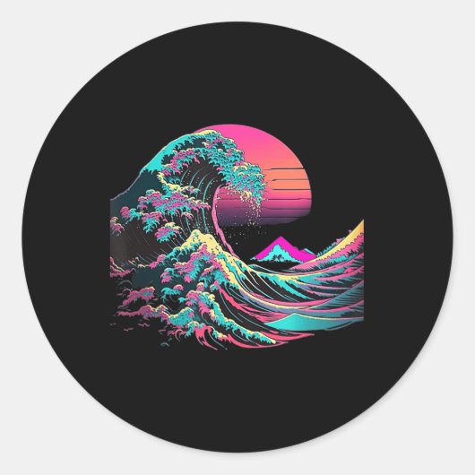 Sticker Rond Vaperwave Glitch esthétique Great Wave Retrowave S (Devant)