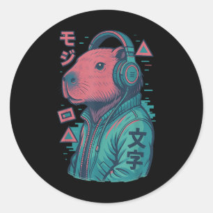 Sticker Rond Vaporwave Capybara Anime d'art japonais Manga Ukiy