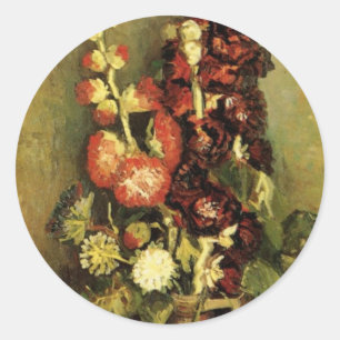Sticker Rond Vase avec Hollyhocks par Vincent van Gogh