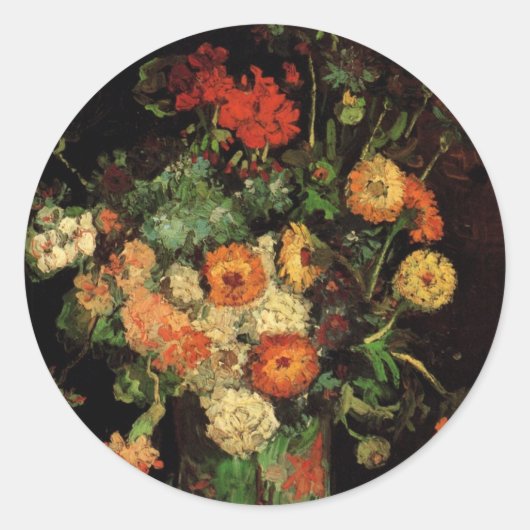 Sticker Rond Vase avec Zinnias et Geraniums, Vincent van Gogh (Devant)