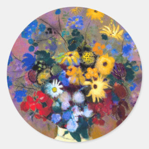 Sticker Rond Vase blanc avec fleurs Odilon Redon
