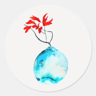 Sticker Rond Vase bleu Ikebana aquarelle