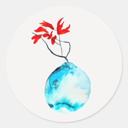 Sticker Rond Vase bleu Ikebana aquarelle (Devant)