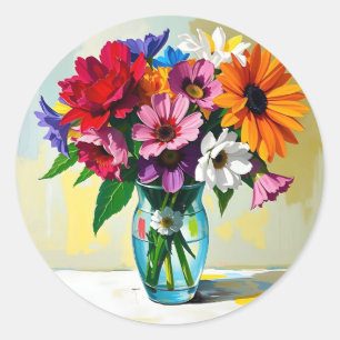 Sticker Rond Vase de fleurs colorées de style Impasto