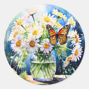 Sticker Rond Vase de marguerites joli floral