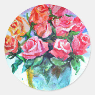 Sticker Rond vase de roses en aquarelle