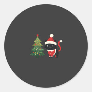 Sticker Rond Vecteur de chat de Noël Santa Tree