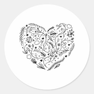 Sticker Rond Vector heart Floral Doodle Saint Valentin cadeau