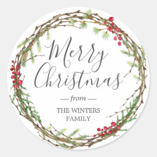 Sticker Rond Végétation d'hiver Berries Feuilles Wreath Noël