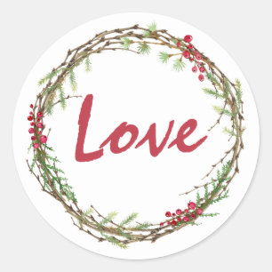 Sticker Rond Végétation d'hiver Berries Wreath Christmas Love