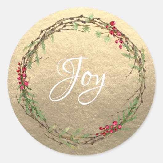 Sticker Rond Végétation d'hiver Berries Wreath Noël Joy Gold (Devant)
