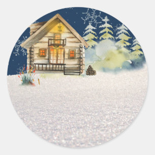 Sticker Rond Veillée de Noël rustique Cabane en rondins Forêt A