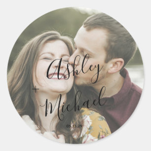 Sticker Rond Vellum Look Script Photo Mariage Enveloppe sceaux
