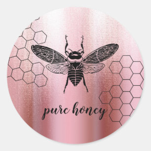 Sticker Rond Vendeur d'abeilles miel Apiariste Rose Vintage Or