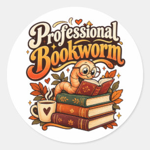 Sticker Rond Ver de livre professionnel Mignon Lecteur Rétro