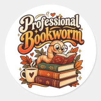 Sticker Rond Ver de livre professionnel Mignon Lecteur Rétro