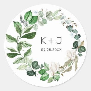 Sticker Rond Verdure de Sage moderne Wreath Blanc Floral Mariag