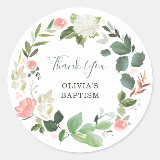 Sticker Rond Verdure et floral rose aquarelle | Merci (Devant)