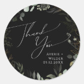 Sticker Rond Verdure Noir et Or Merci Mariage Faveur (Devant)