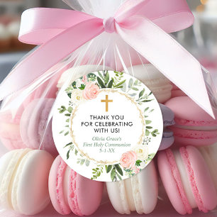 Sticker Rond Verdure or rose élégant premier baptême de communi
