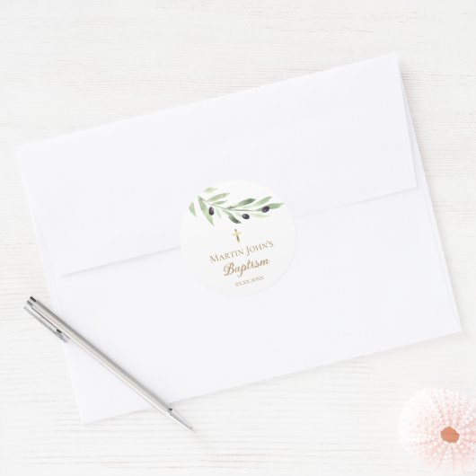 Sticker Rond verdure rustique branche d'olivier Baptême (Enveloppe)