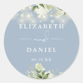 Sticker Rond Verdure String lumières Dusty Blue Wedding Favoris (Devant)