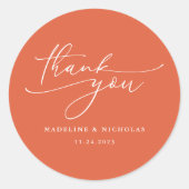 Sticker Rond Verona Sunset Orange Calligraphie Mariage Merci (Devant)